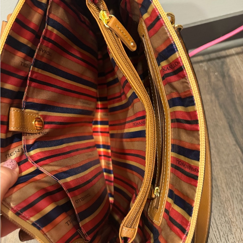 Tignanello Pink and Tan Colorblock Satchel with Gold Hardware - Picture 7 of 14